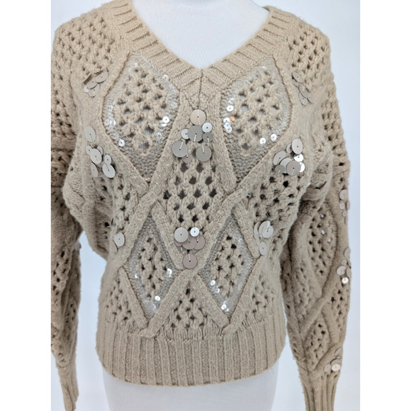 WHBM Sequin Cable Knit Sweater Beige Chunky Embellished Cozy Glam XS Holiday - Picture 3 of 14